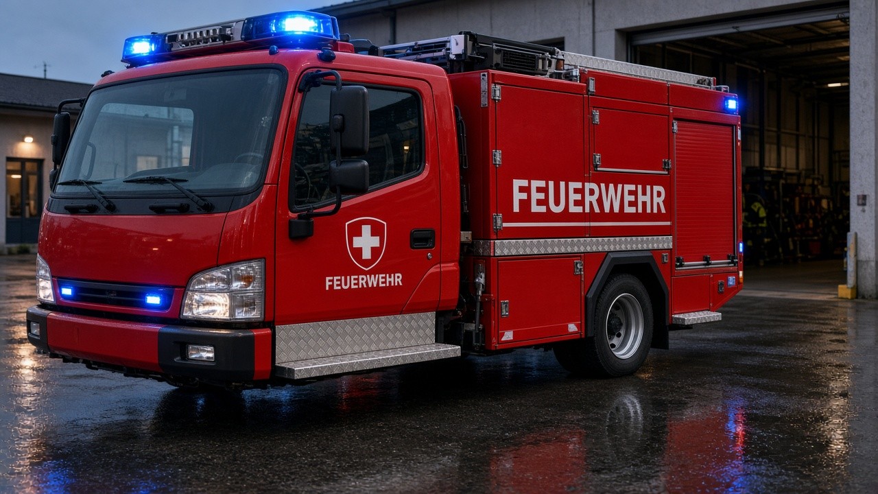 Einsatzfahrzeug vor Gebäude mit Schlüsselbox an der Fassade