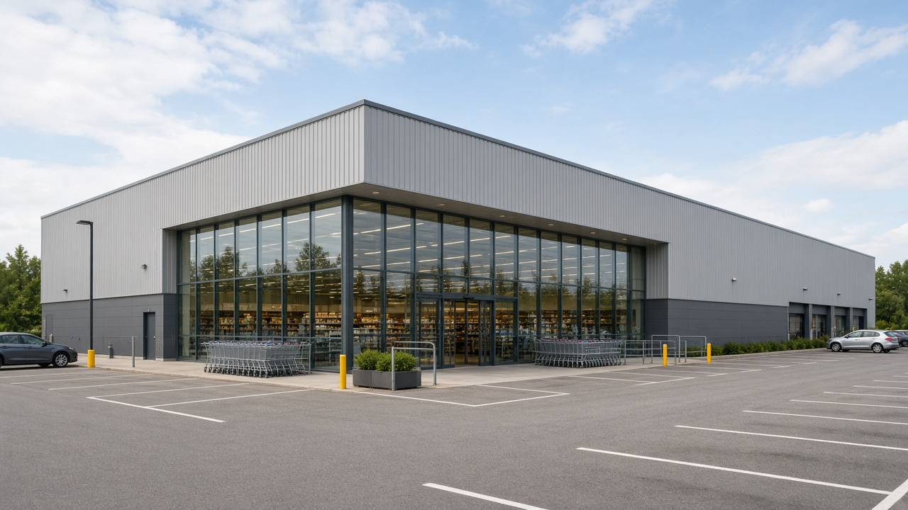 Grosses Supermarkt-Warenhaus mit Eingang und Einkaufswagen