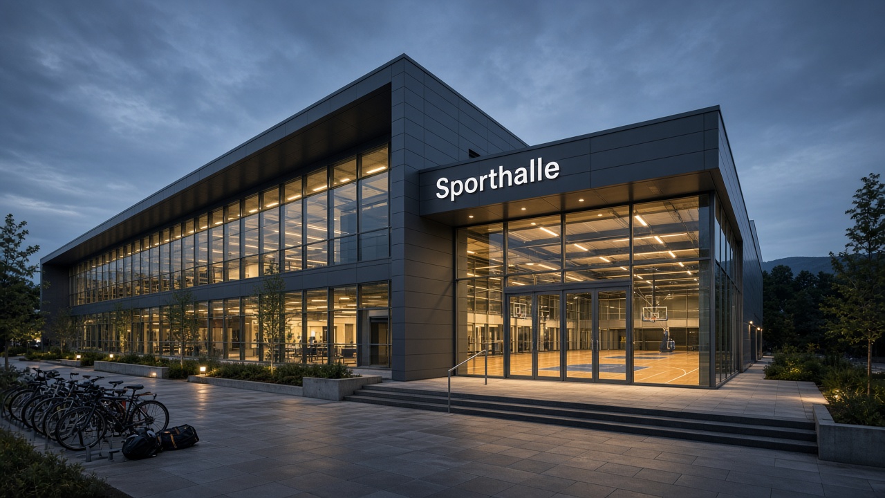 Moderne Sporthalle mit Schriftzug Sporthalle und Blick auf den Innenplatz