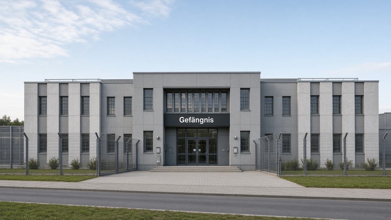 Gesamtes Gebäude einer Strafanstalt mit Eingang und Schriftzug Gefängnis