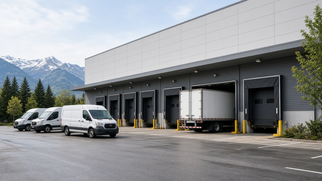 Logistikdepot mit Lieferwagen und LKW an der Laderampe