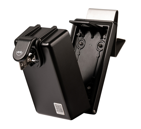 Schlüsselbox ark Scheibenmontage, mit Schlüssel geöffnetem Deckel und geöffneter Schutzklappe mit Schlüssel drin, in Frontalansicht