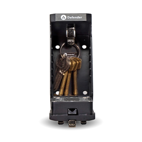 Schlüsselbox mit Druckknöpfen KeySafe Defender Big schwarz, geöffnetem Deckel, Schlüssel im Innenraum, an der Wand befestigt, in Frontalansicht